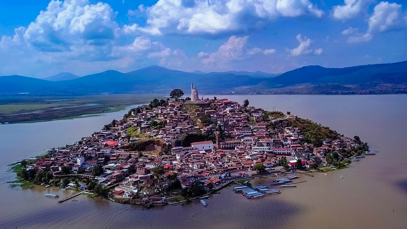 Aerial view of Janitzio Island in Lake Pátzcuaro. | Marcos E. Ramos Ponciano, Shutterstock