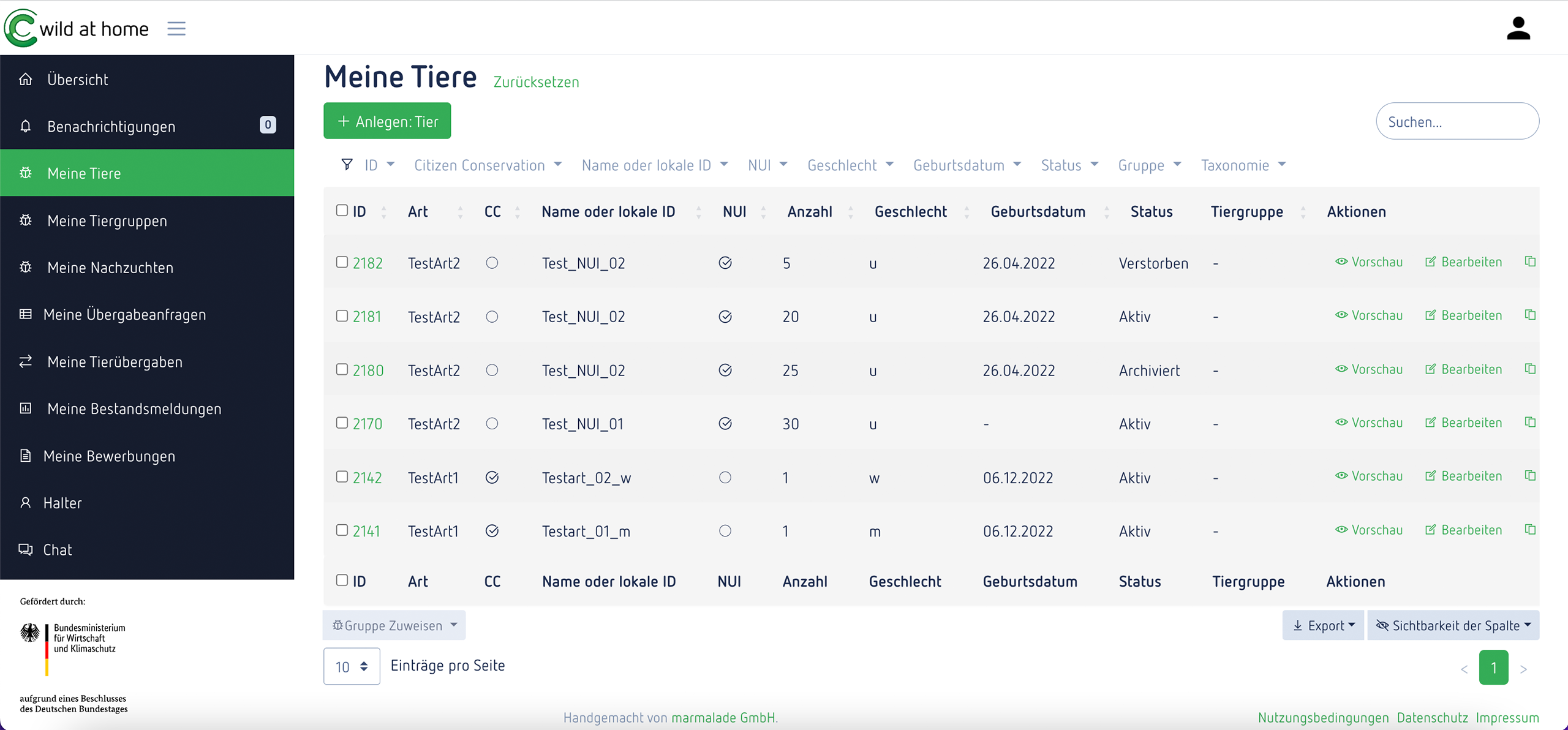 Im Bereich „Meine Tiere“ erhält man einen Überblick über den eigenen Bestand, verstorbene und abgegebene Tiere.