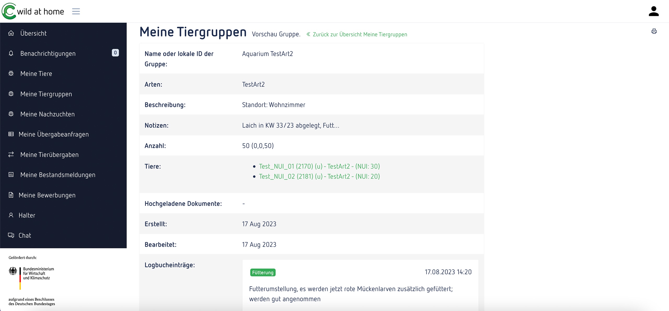 Unter dem Menüpunkt „Meine Tiergruppen“ können Individuen und NUI (Gruppen nicht unterscheidbarer Individuen) zu Haltungs-, Zucht- oder Fütterungsgruppen zusammengefügt werden.